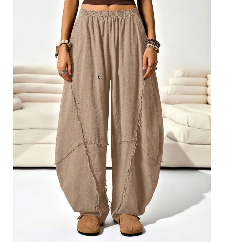 Plus Solid Stretchy Waist Pockets Frayed detail harem genie leg pants